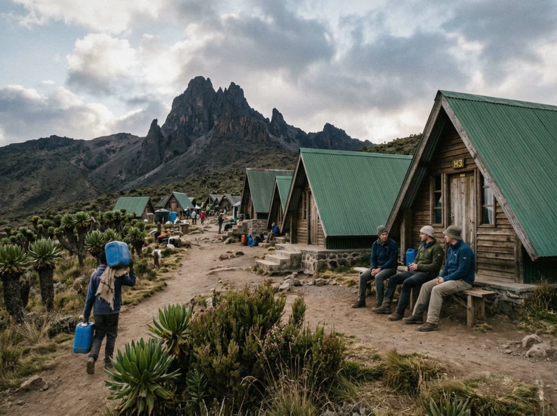 Green-roofed huts at Horombo Hut below Mawenzi on a Kilimanjaro climbing tour by the Marangu Route, Tanzania