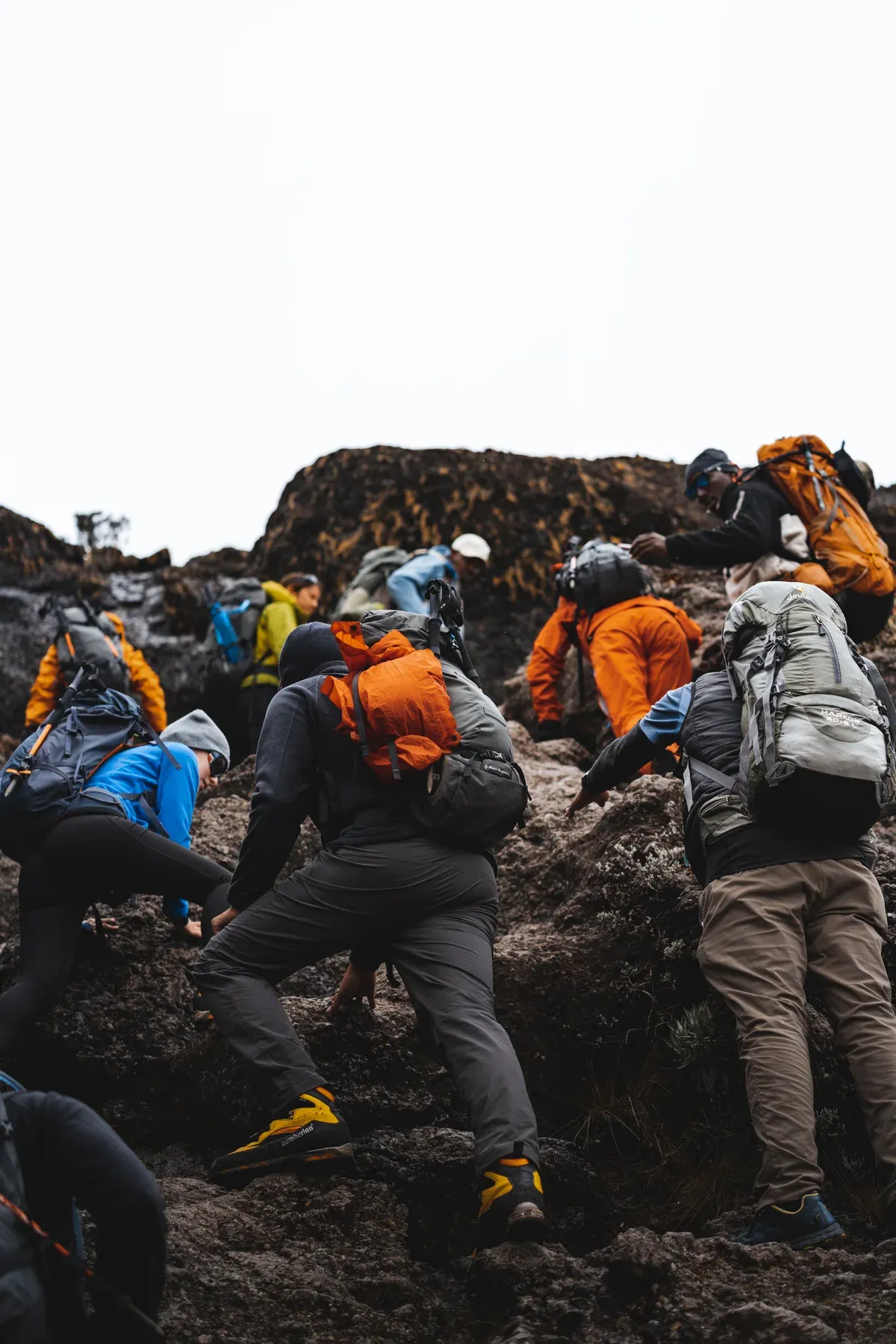 Climbers scrambling up the Barranco Wall, a sight on Kilimanjaro climbing tours