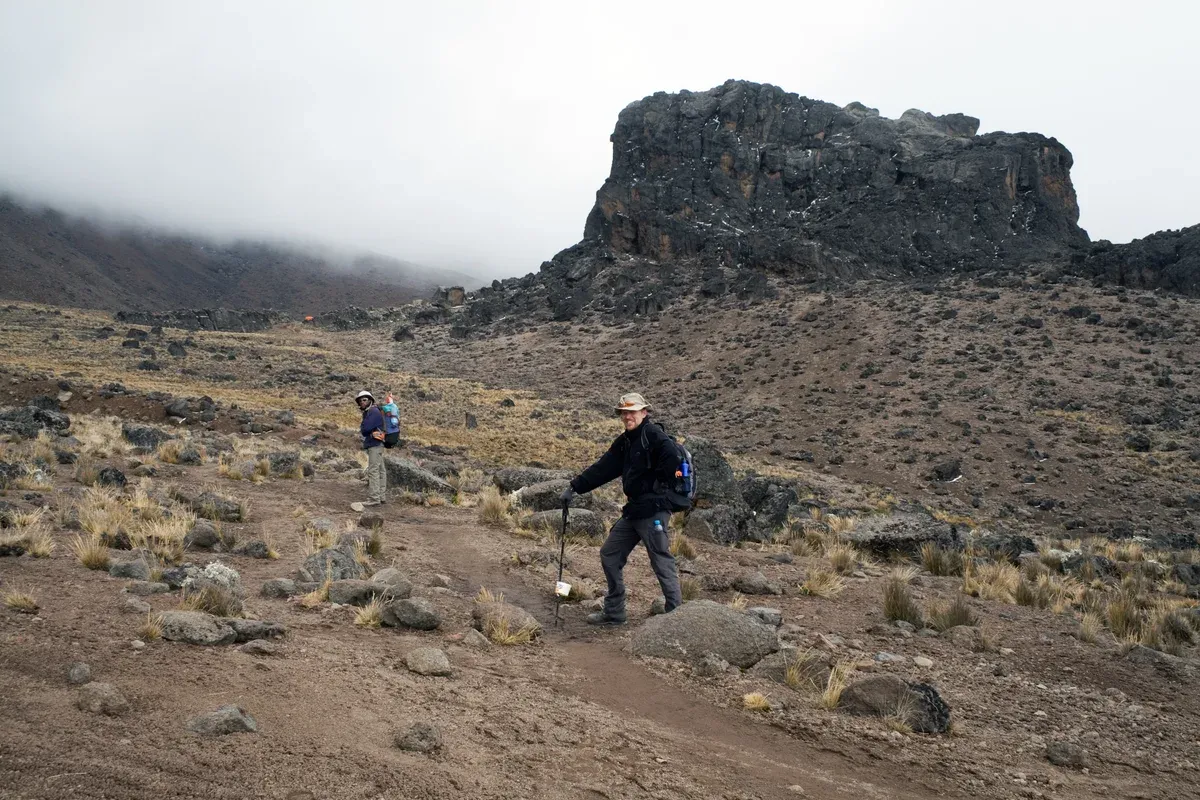 Trekkers below Lava Tower at 4,630 m, a sight on Kilimanjaro climbing tours