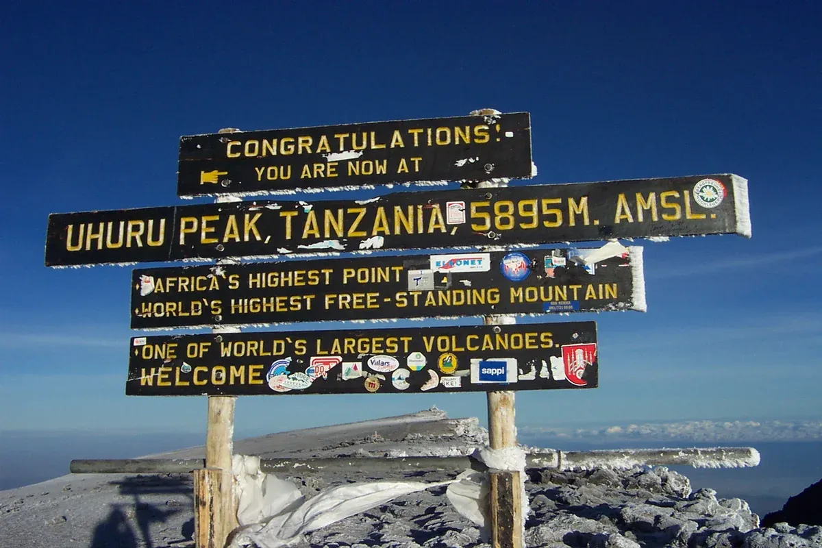The summit sign at Uhuru Peak, 5,895 m, a sight on Kilimanjaro climbing tours